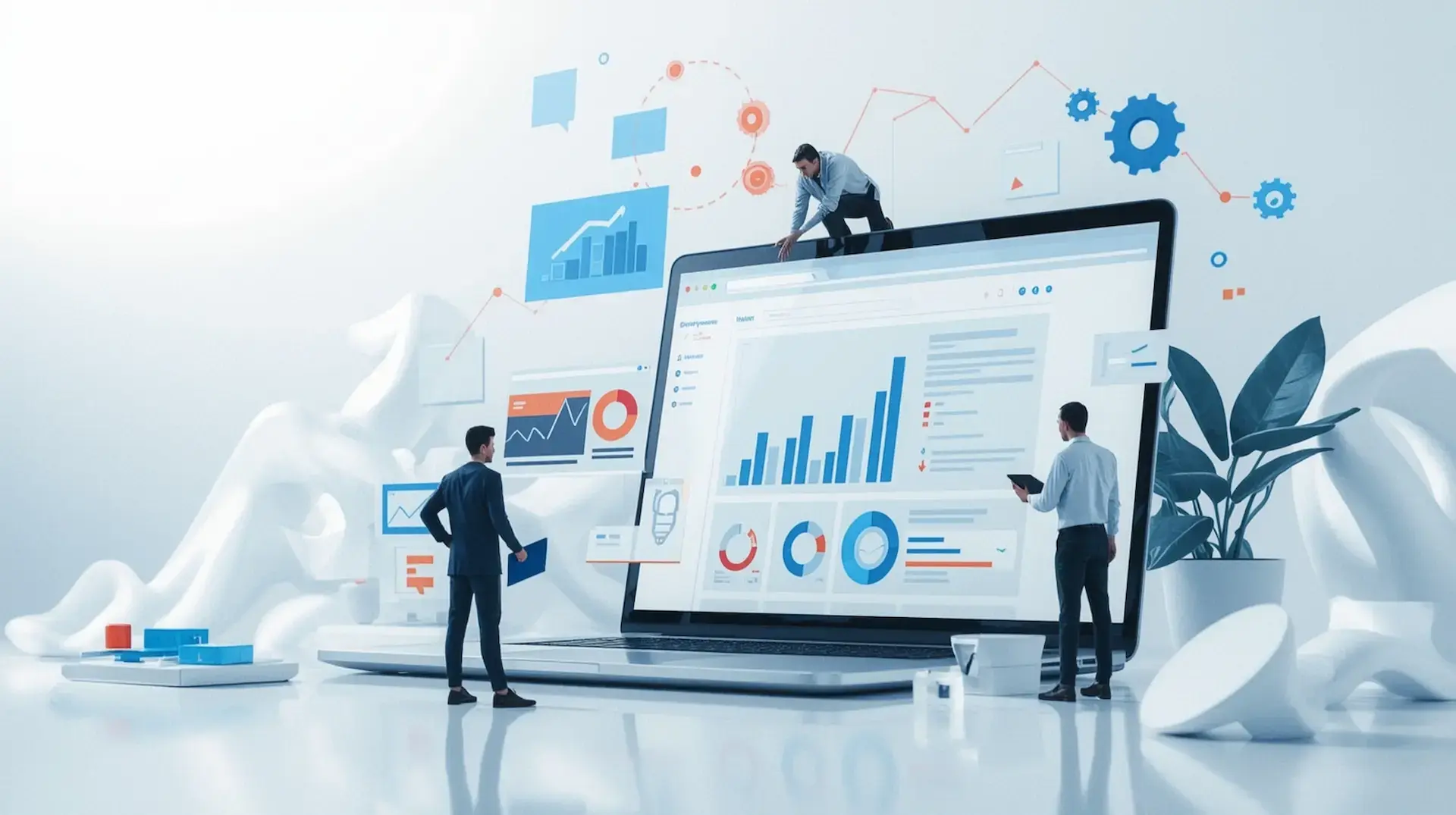 Illustration of a designers maintaining a website with analytics, SEO tools, and security updates on screen.